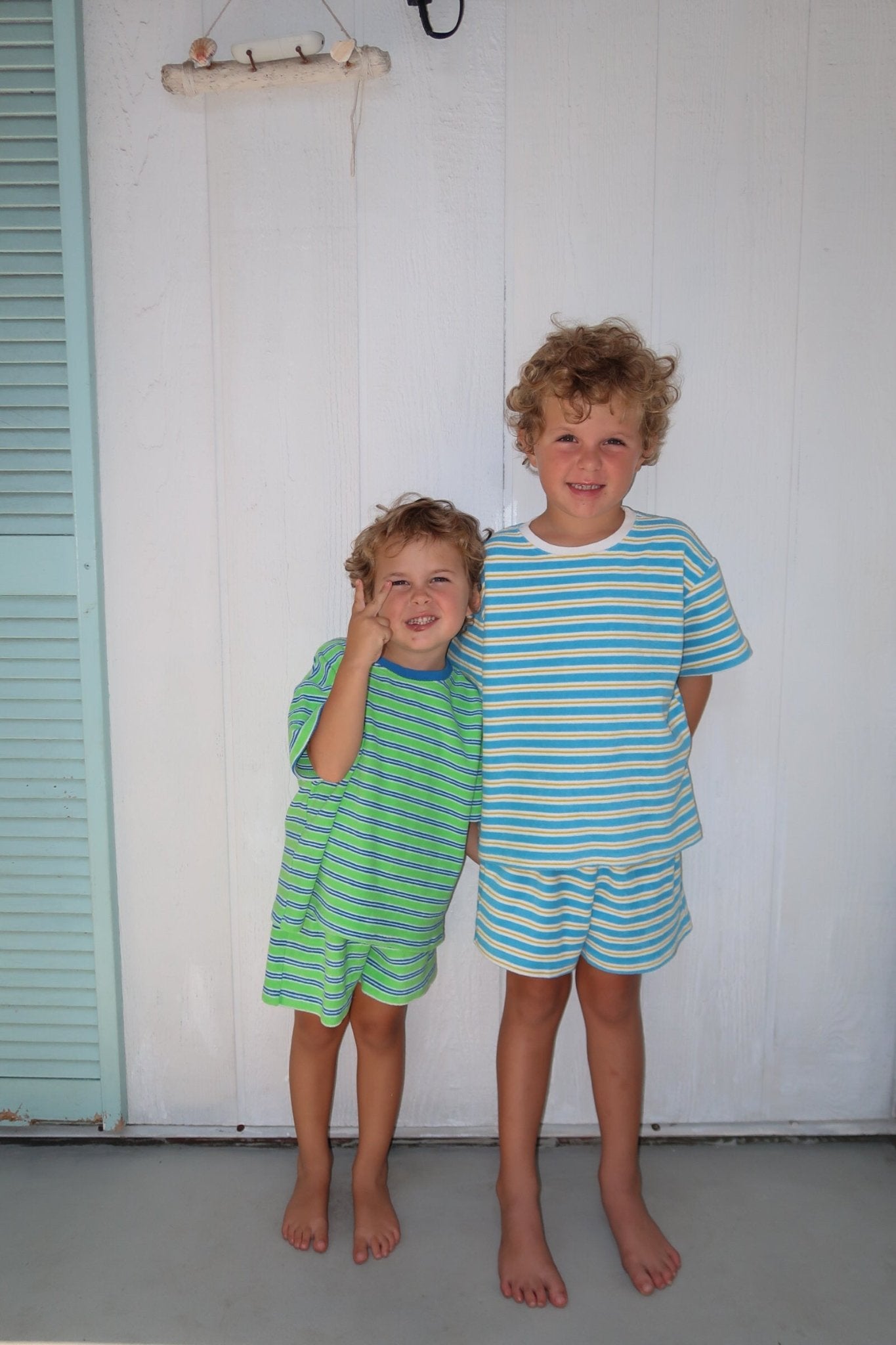 At Noon Kids Stripe Terry Cloth Short Sleeve Top and Shorts Set (6m - 7y) - Green kids outfit