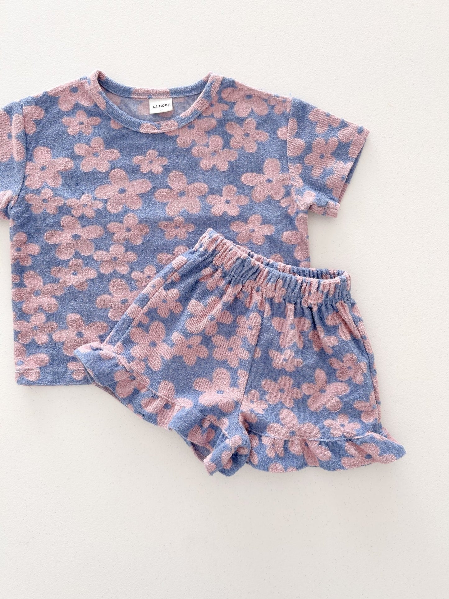 At Noon Kids Terry Cloth Floral Short Sleeve Top and Ruffle Shorts Set (1 - 8y) - Pink Floral kids outfit