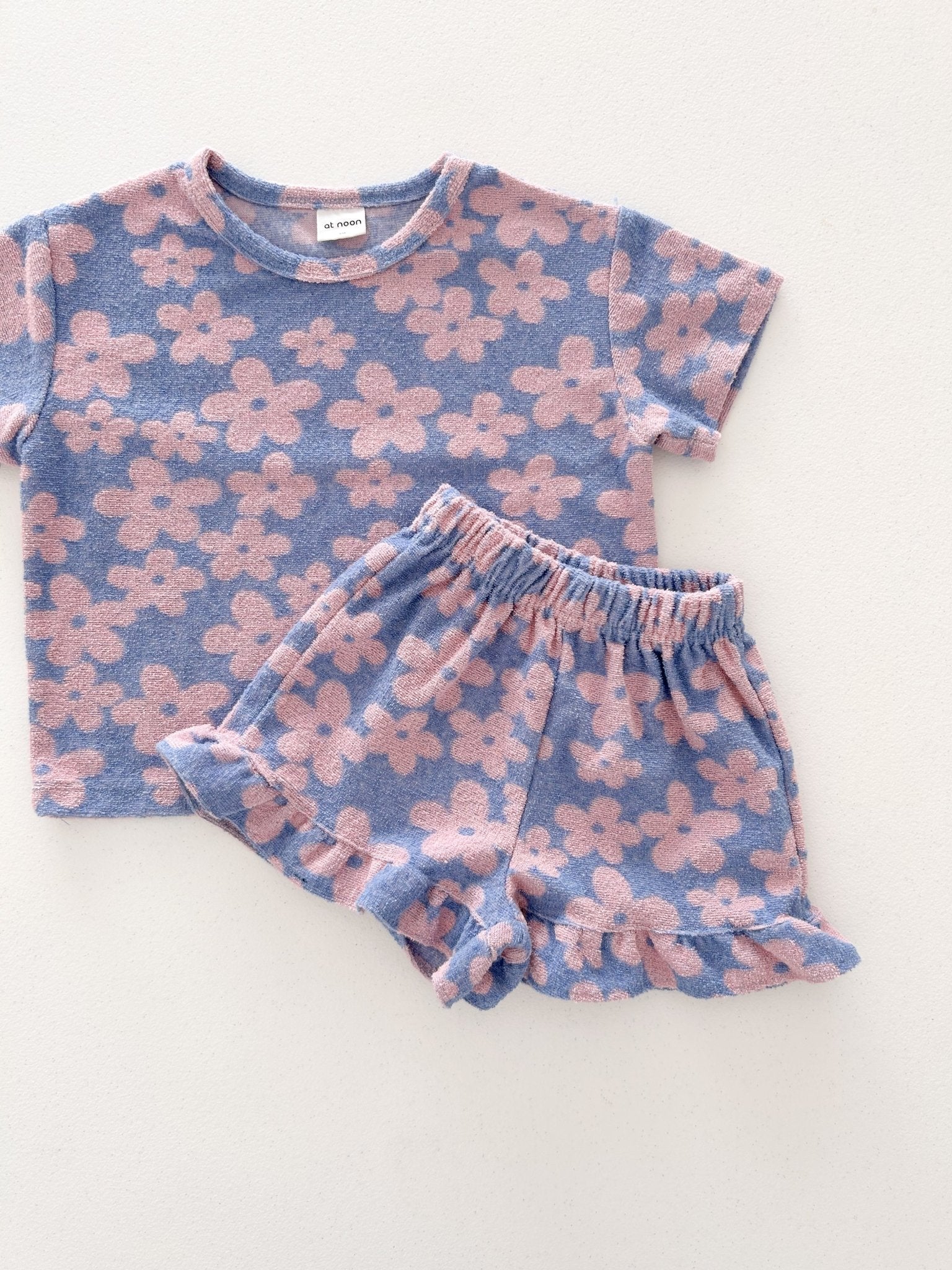 At Noon Kids Terry Cloth Floral Short Sleeve Top and Ruffle Shorts Set (1 - 8y) - Pink Floral kids outfit