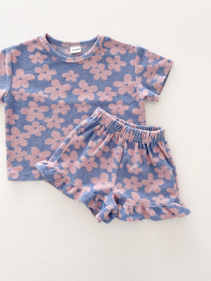 At Noon Kids Terry Cloth Floral Short Sleeve Top and Ruffle Shorts Set (1 - 8y) - Pink Floral kids outfit