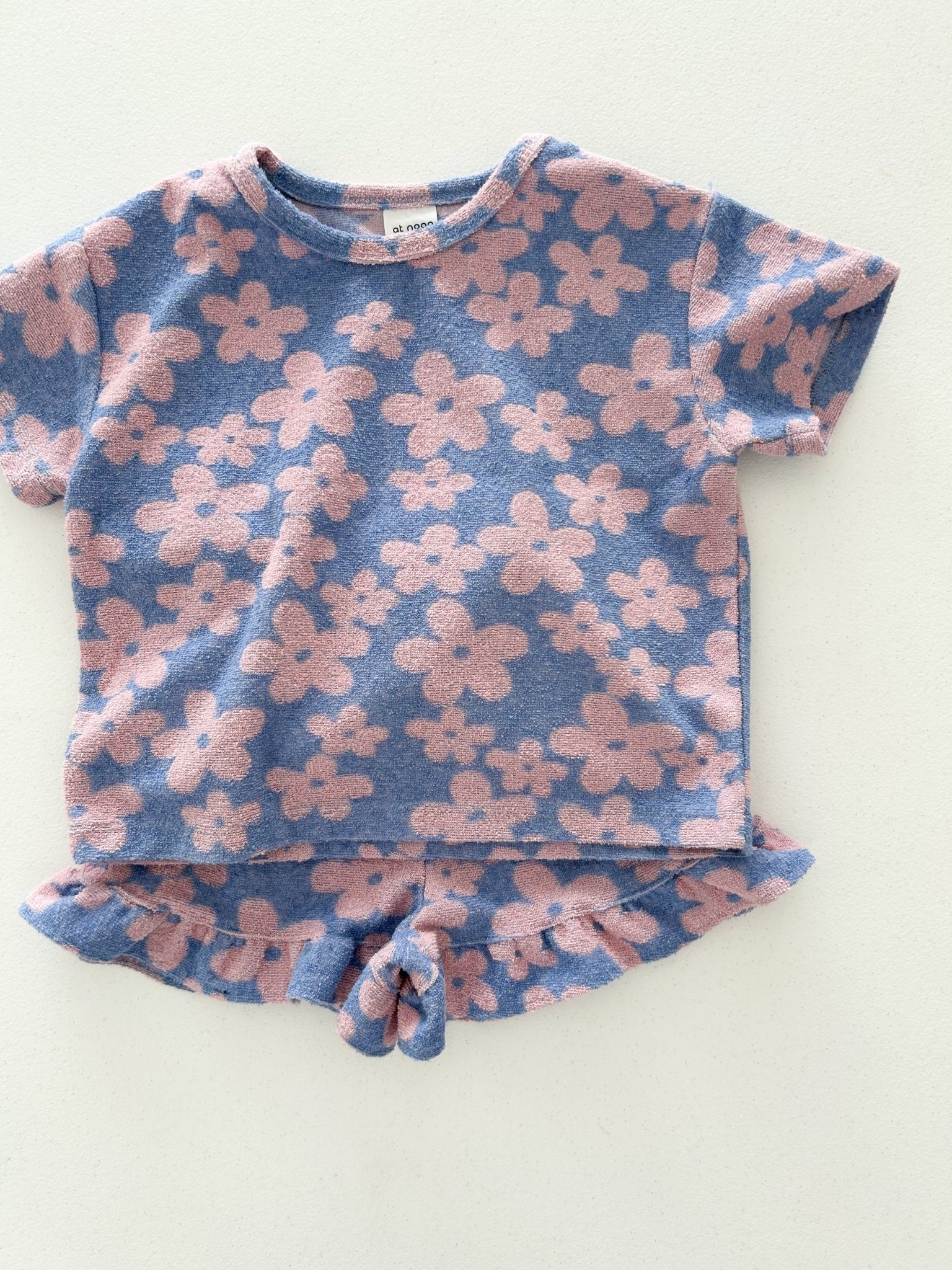 At Noon Kids Terry Cloth Floral Short Sleeve Top and Ruffle Shorts Set (1 - 8y) - Pink Floral kids outfit