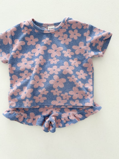 At Noon Kids Terry Cloth Floral Short Sleeve Top and Ruffle Shorts Set (1 - 8y) - Pink Floral kids outfit