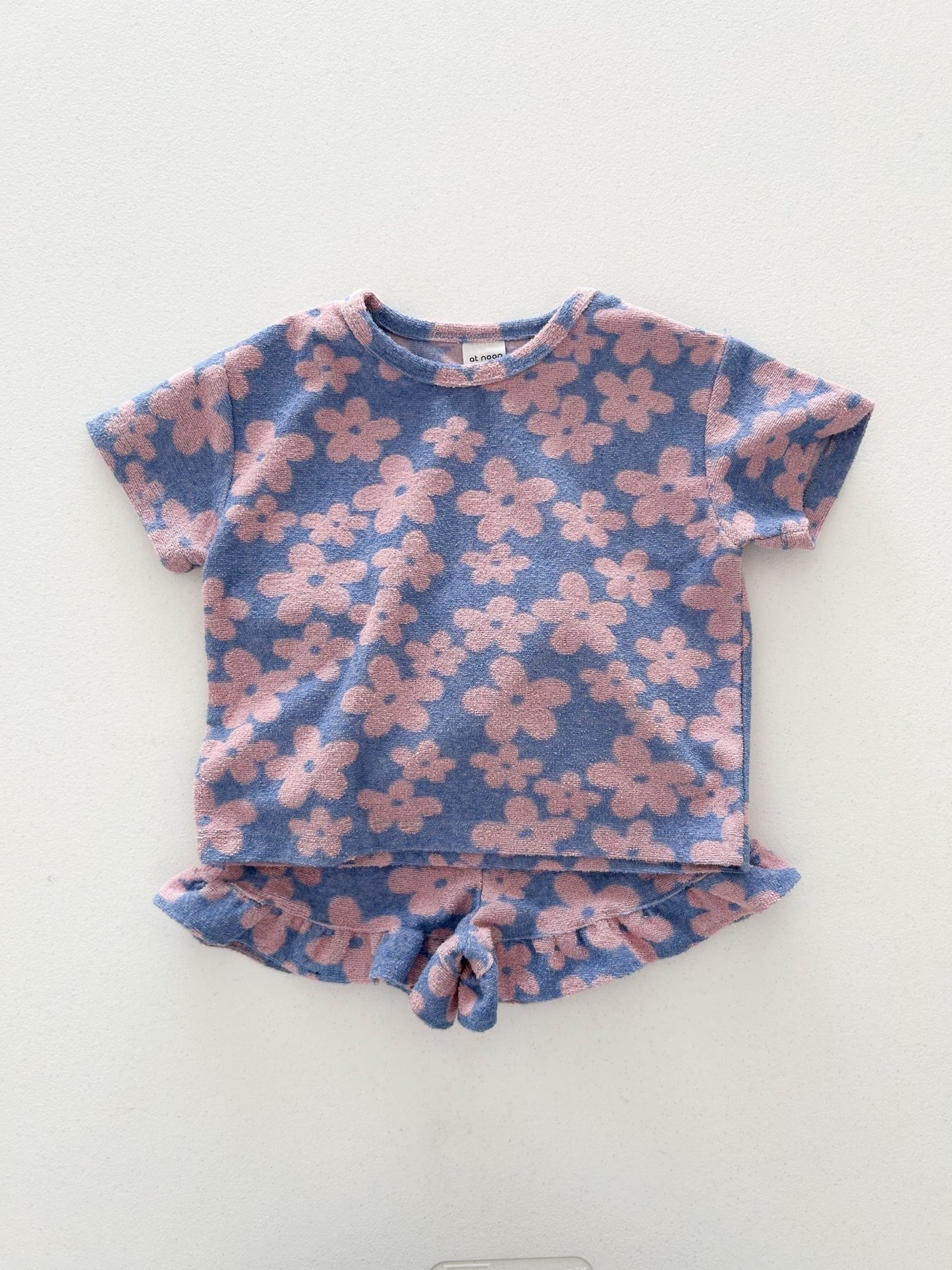 At Noon Kids Terry Cloth Floral Short Sleeve Top and Ruffle Shorts Set (1 - 8y) - Pink Floral kids outfit