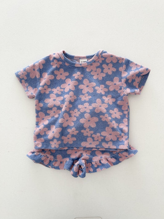 At Noon Kids Terry Cloth Floral Short Sleeve Top and Ruffle Shorts Set (1 - 8y) - Pink Floral kids outfit