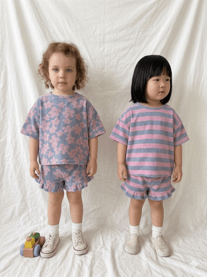 At Noon Kids Terry Cloth Floral Short Sleeve Top and Ruffle Shorts Set (1 - 8y) - Pink Floral kids outfit