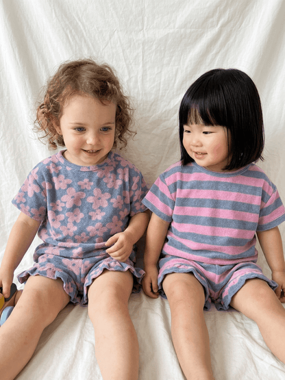 At Noon Kids Terry Cloth Floral Short Sleeve Top and Ruffle Shorts Set (1 - 8y) - Pink Floral kids outfit