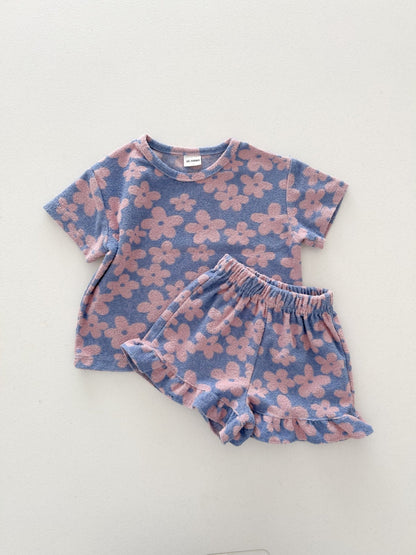 At Noon Kids Terry Cloth Floral Short Sleeve Top and Ruffle Shorts Set (1 - 8y) - Pink Floral kids outfit