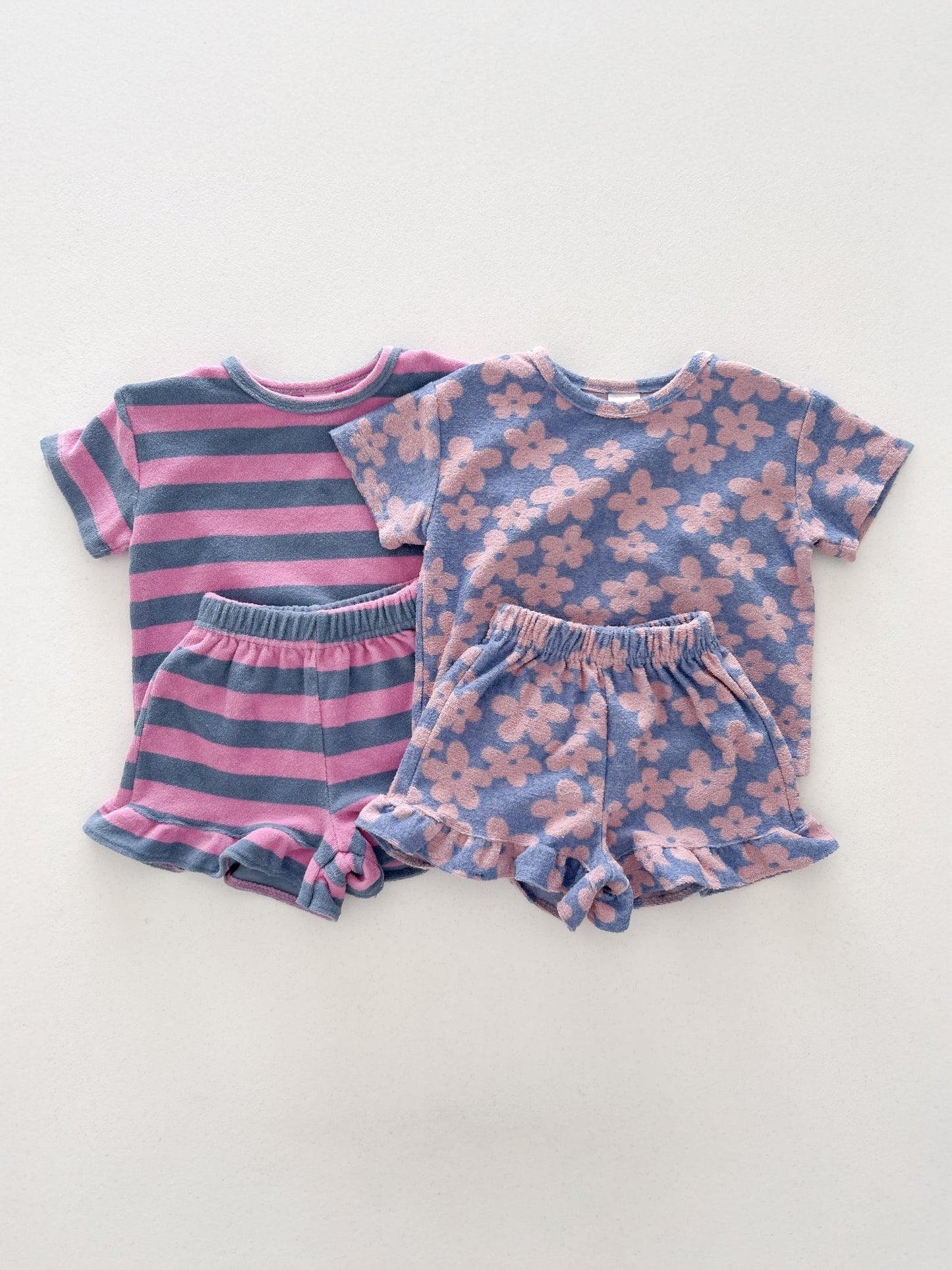 At Noon Kids Terry Cloth Stripe Short Sleeve Top and Ruffle Shorts Set (1 - 8y) - Pink Stripe kids outfit