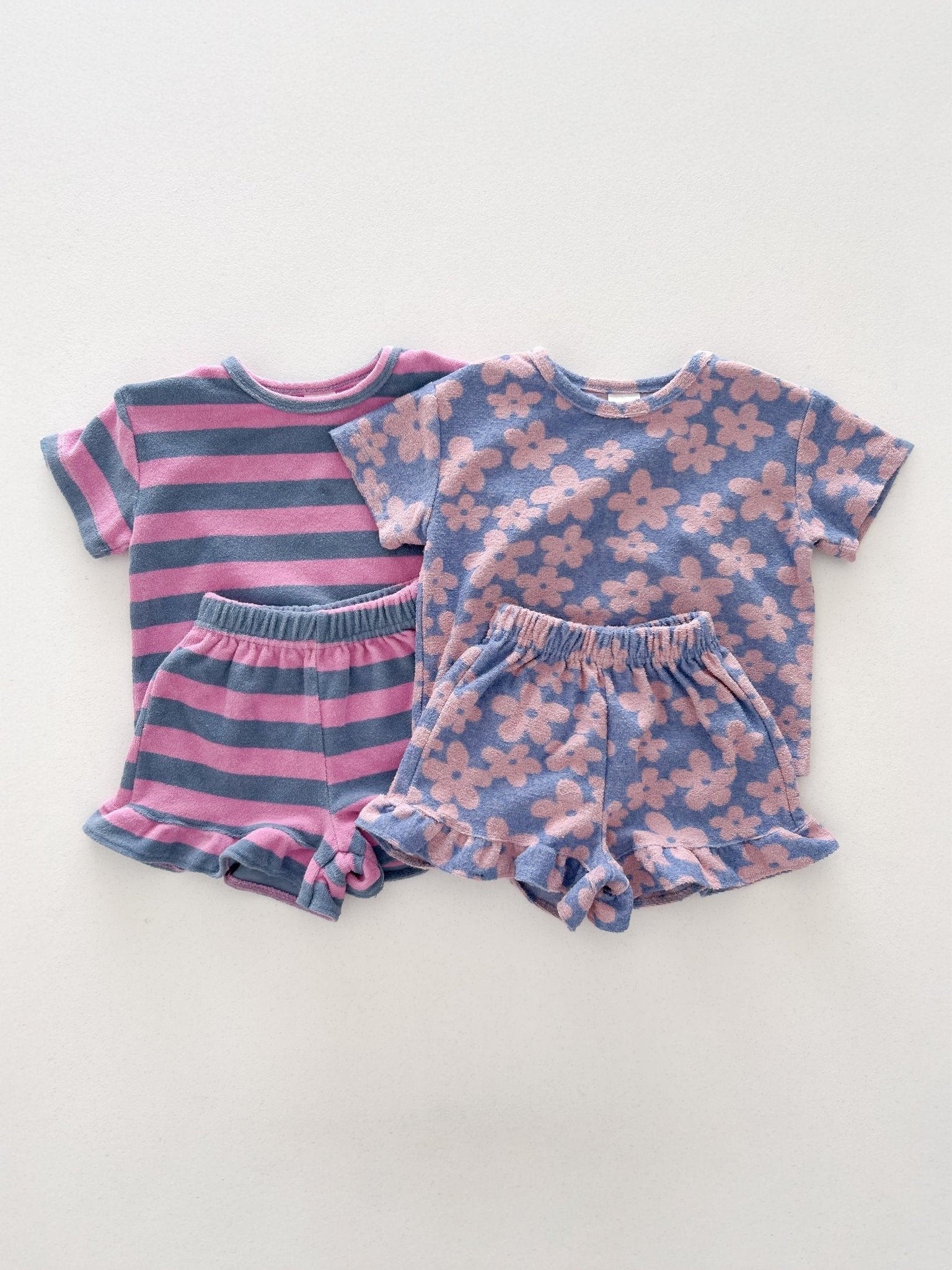 At Noon Kids Terry Cloth Stripe Short Sleeve Top and Ruffle Shorts Set (1 - 8y) - Pink Stripe kids outfit
