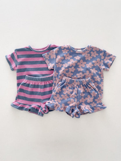 At Noon Kids Terry Cloth Stripe Short Sleeve Top and Ruffle Shorts Set (1 - 8y) - Pink Stripe kids outfit