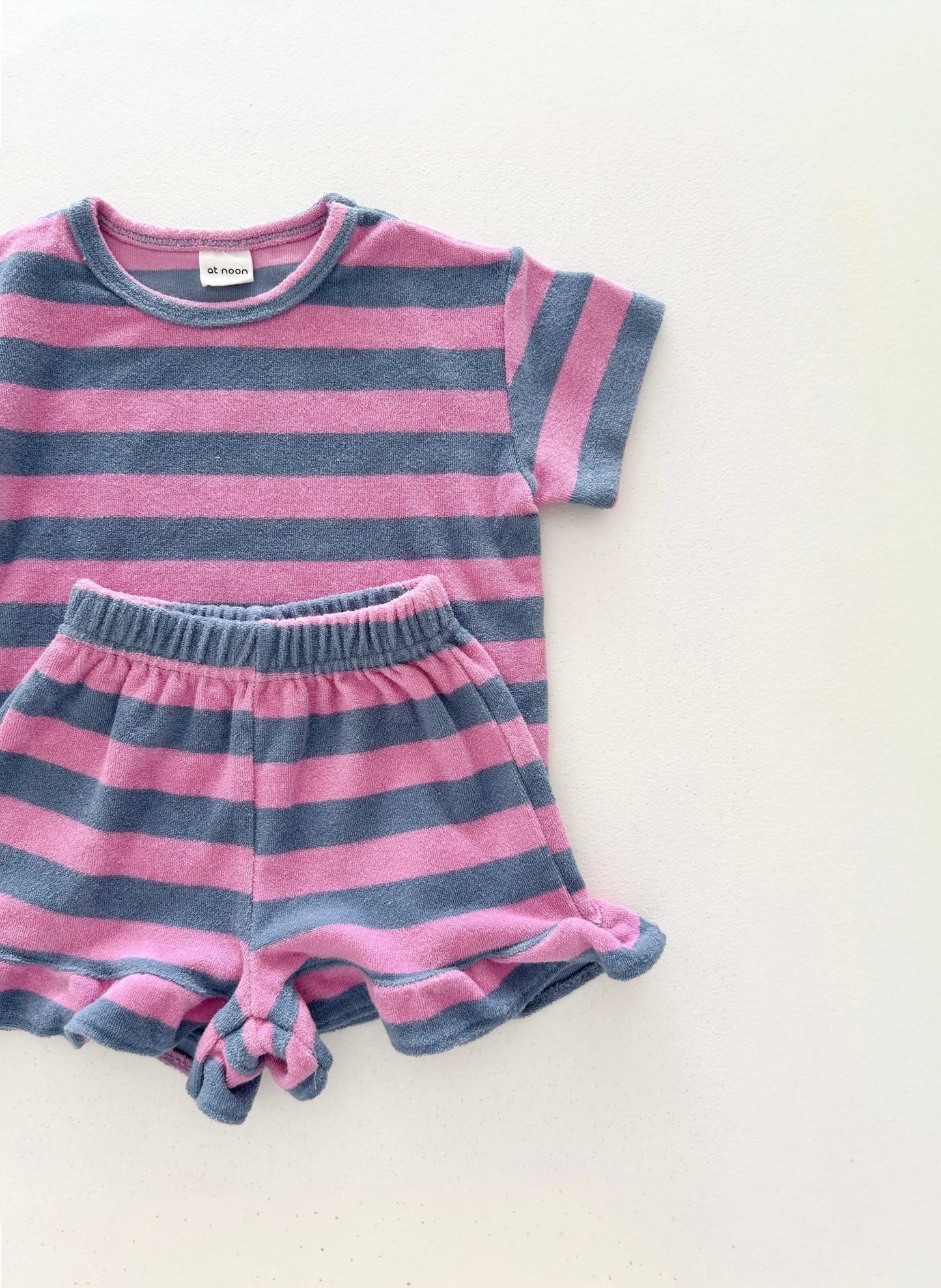 At Noon Kids Terry Cloth Stripe Short Sleeve Top and Ruffle Shorts Set (1 - 8y) - Pink Stripe kids outfit