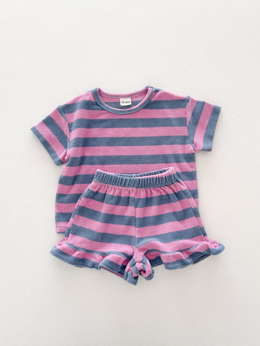 At Noon Kids Terry Cloth Stripe Short Sleeve Top and Ruffle Shorts Set (1 - 8y) - Pink Stripe kids outfit
