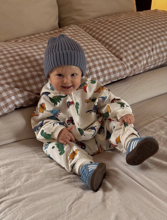 [At Noon Original] Baby Oversized Zip - Up Hoodie Jumpsuit (3m - 4y) - Cream Dinosaur kids outfit