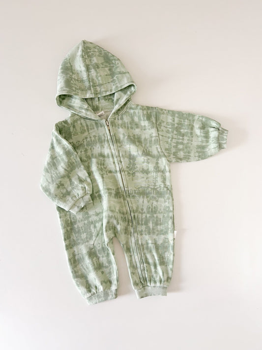 [At Noon Original] Baby Oversized Zip - Up Hoodie Jumpsuit (3m - 4y) - Tie Dyed Green kids outfit
