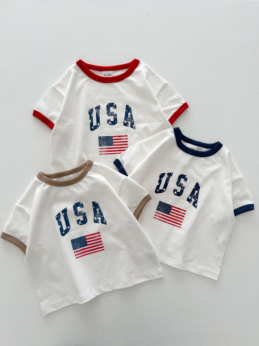 [At Noon Original Design] Adult Oversized Vintage Print USA Ringer T-Shirt - 3 Colors kids outfit