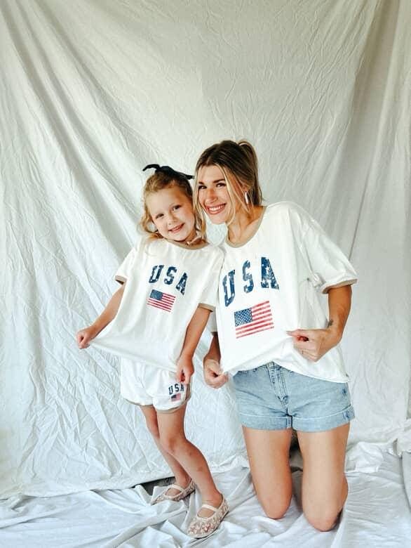 [At Noon Original Design] Adult Oversized Vintage Print USA Ringer T-Shirt - 3 Colors kids outfit