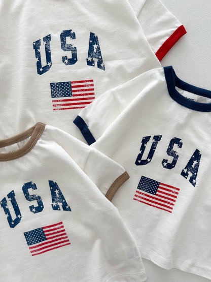 [At Noon Original Design] Adult Oversized Vintage Print USA Ringer T-Shirt - 3 Colors kids outfit