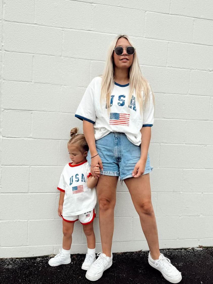 [At Noon Original Design] Adult Oversized Vintage Print USA Ringer T-Shirt - 3 Colors kids outfit