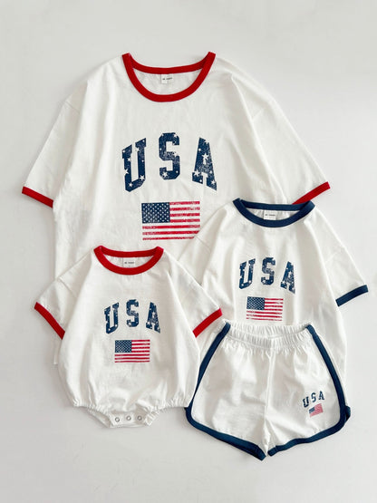 [At Noon Original Design] Baby Vintage Print USA Ringer T-shirt Romper (3 - 18m) - 3 Colors kids outfit