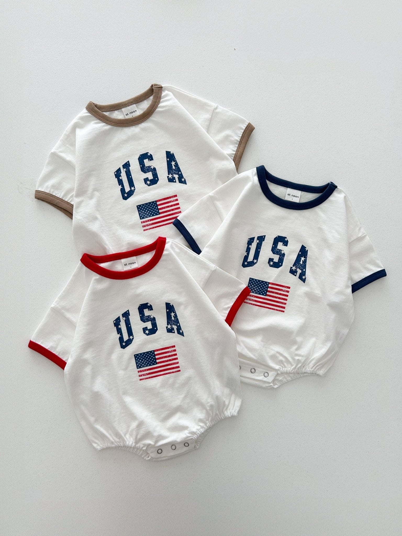 [At Noon Original Design] Baby Vintage Print USA Ringer T-shirt Romper (3 - 18m) - 3 Colors kids outfit
