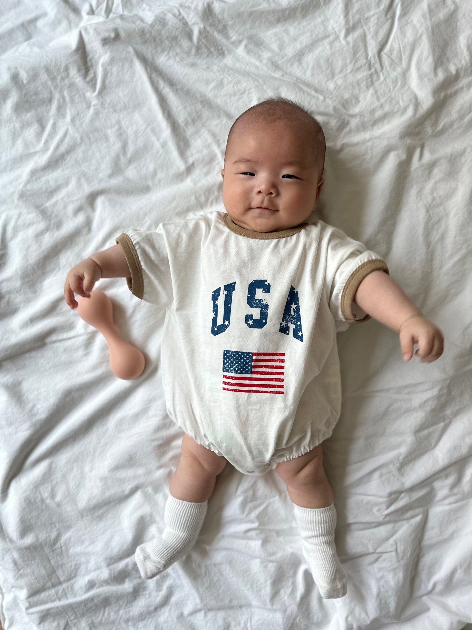 [At Noon Original Design] Baby Vintage Print USA Ringer T-shirt Romper (3 - 18m) - 3 Colors kids outfit