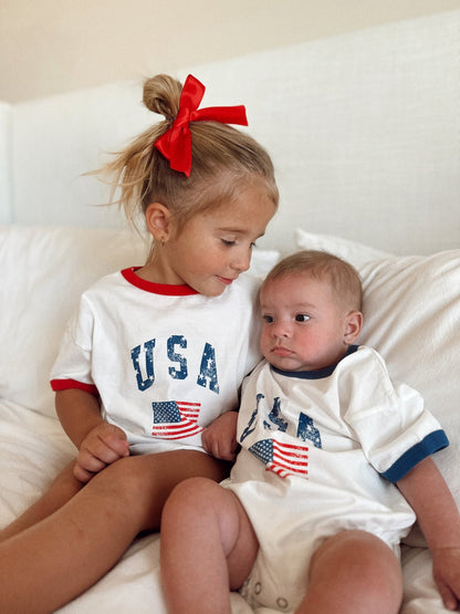 [At Noon Original Design] Baby Vintage Print USA Ringer T-shirt Romper (3 - 18m) - 3 Colors kids outfit
