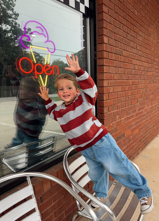 [At Noon Original Design] Kids Bold Stripe Sweatshirt (6m-8y) - Wine kids outfit