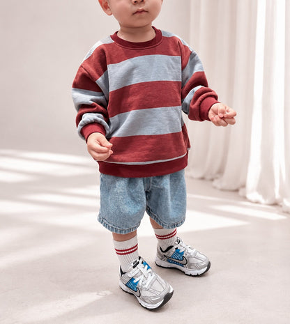 [At Noon Original Design] Kids Bold Stripe Sweatshirt (6m-8y) - Wine kids outfit
