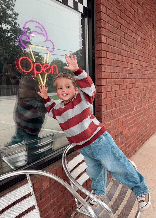 [At Noon Original Design] Kids Bold Stripe Sweatshirt (6m-8y) - Wine kids outfit