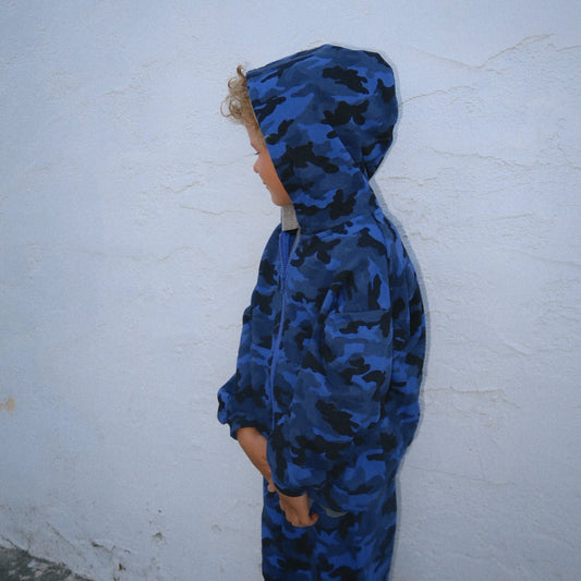 [At Noon Original Design] Kids Camo Zip-Up Hoodie (6m-7y) - Blue kids outfit