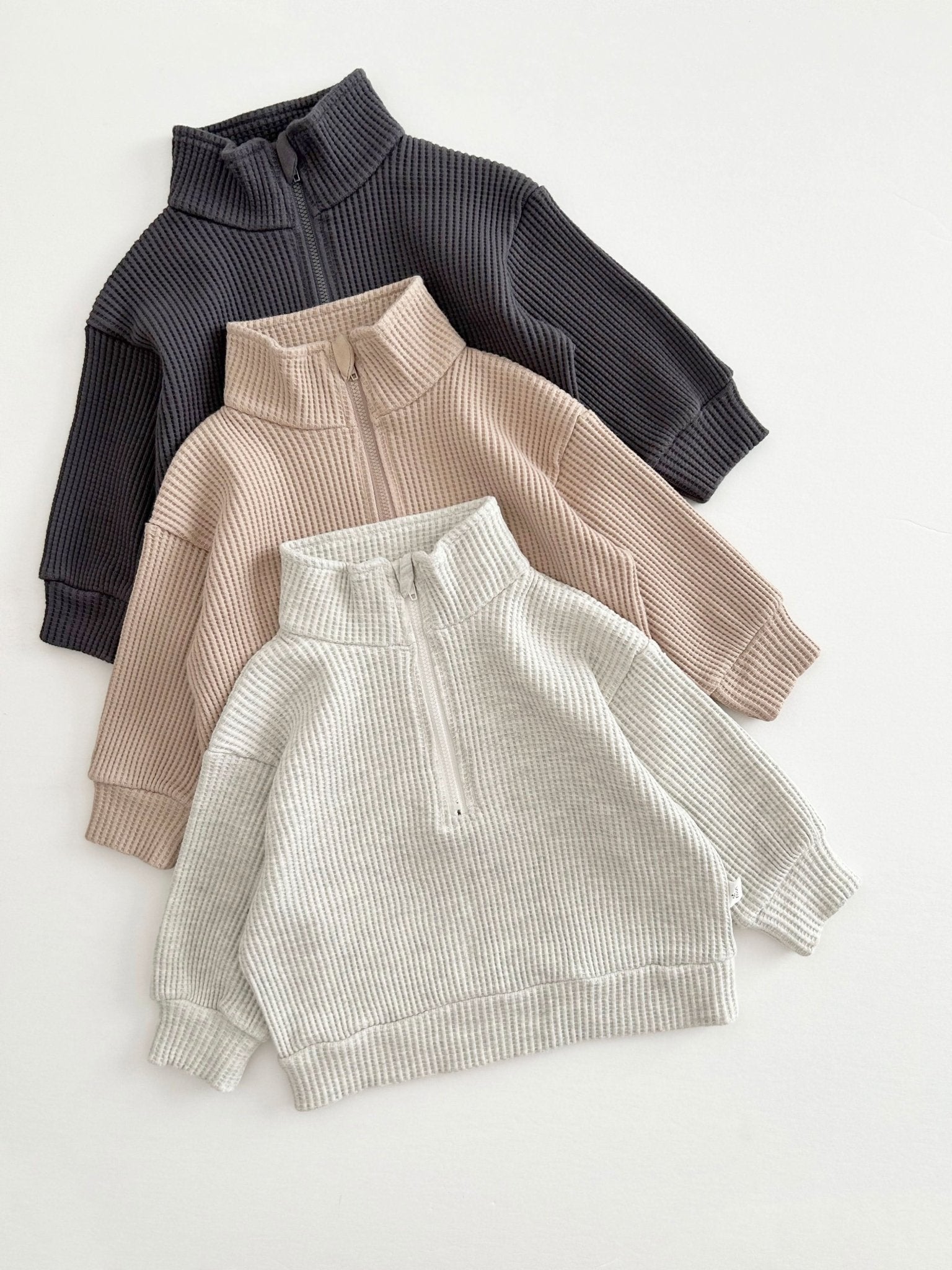[At Noon Original Design] Kids Half - Zip Waffle Top and Jogger Pants Set (6m - 7y) - 3 Colors kids outfit