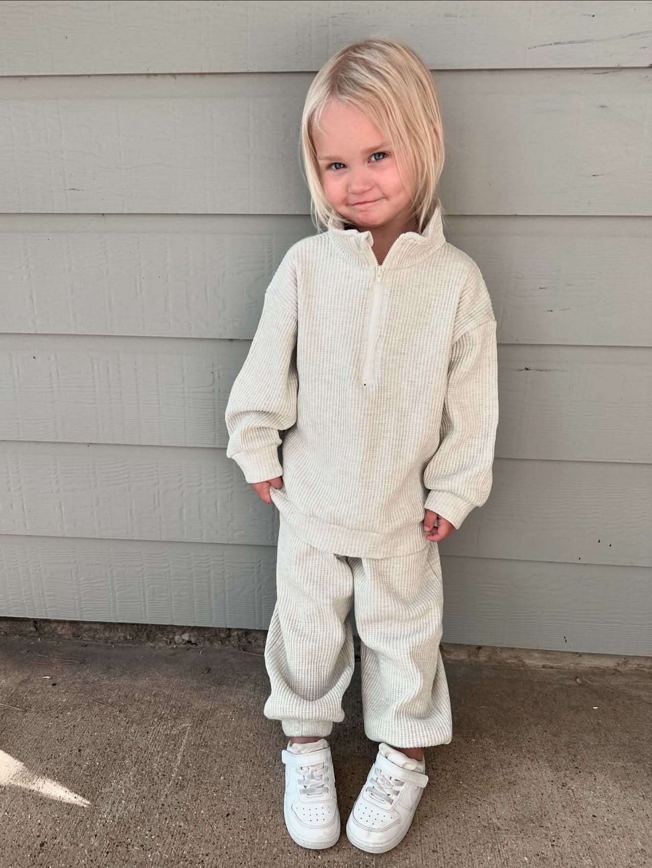 [At Noon Original Design] Kids Half - Zip Waffle Top and Jogger Pants Set (6m - 7y) - 3 Colors kids outfit