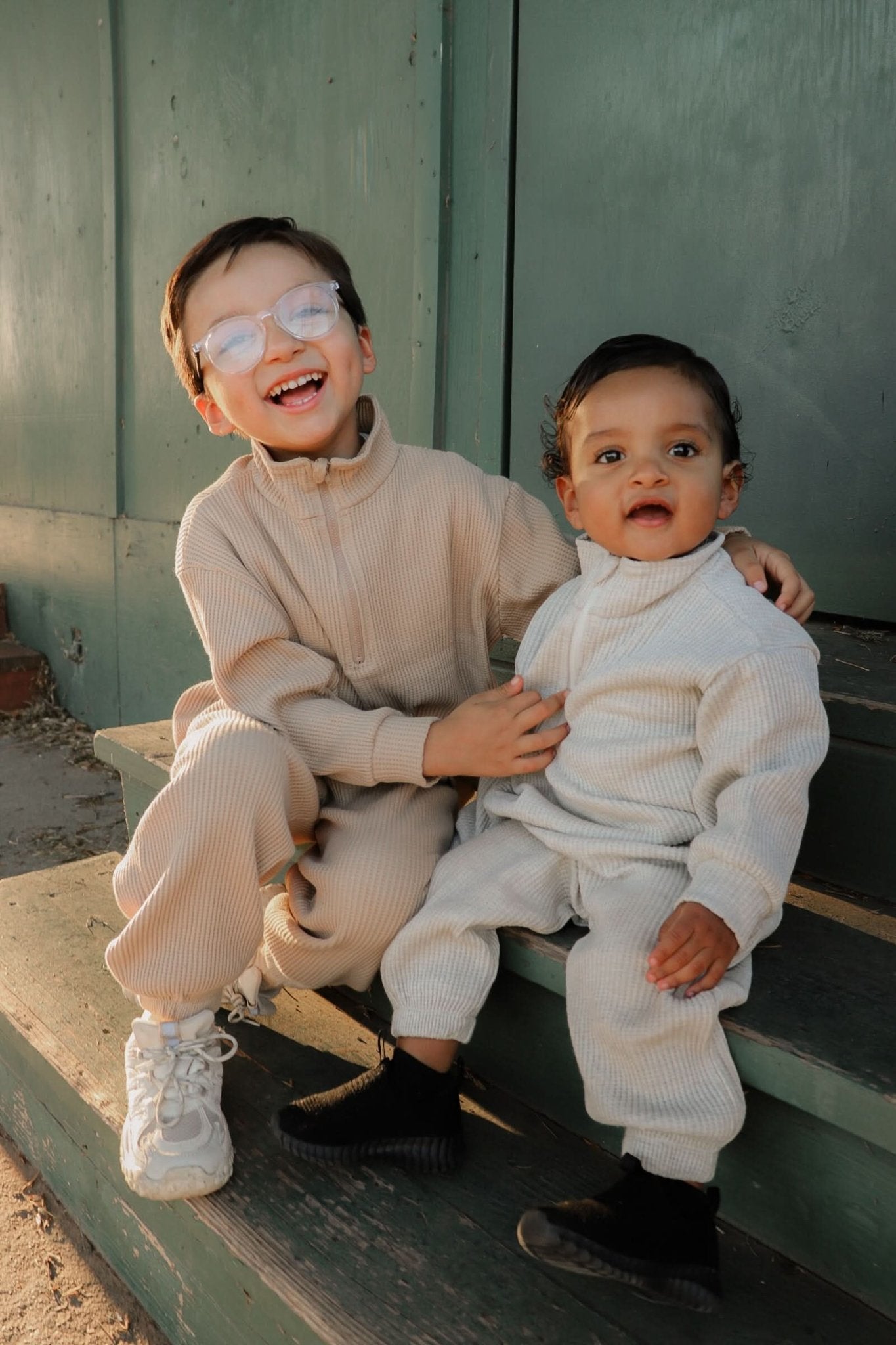 [At Noon Original Design] Kids Half - Zip Waffle Top and Jogger Pants Set (6m - 7y) - 3 Colors kids outfit