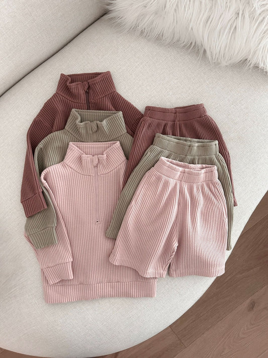 [At Noon Original Design] Kids Half - Zip Waffle Top and Shorts Set (6m - 7y) - 3 Colors kids outfit
