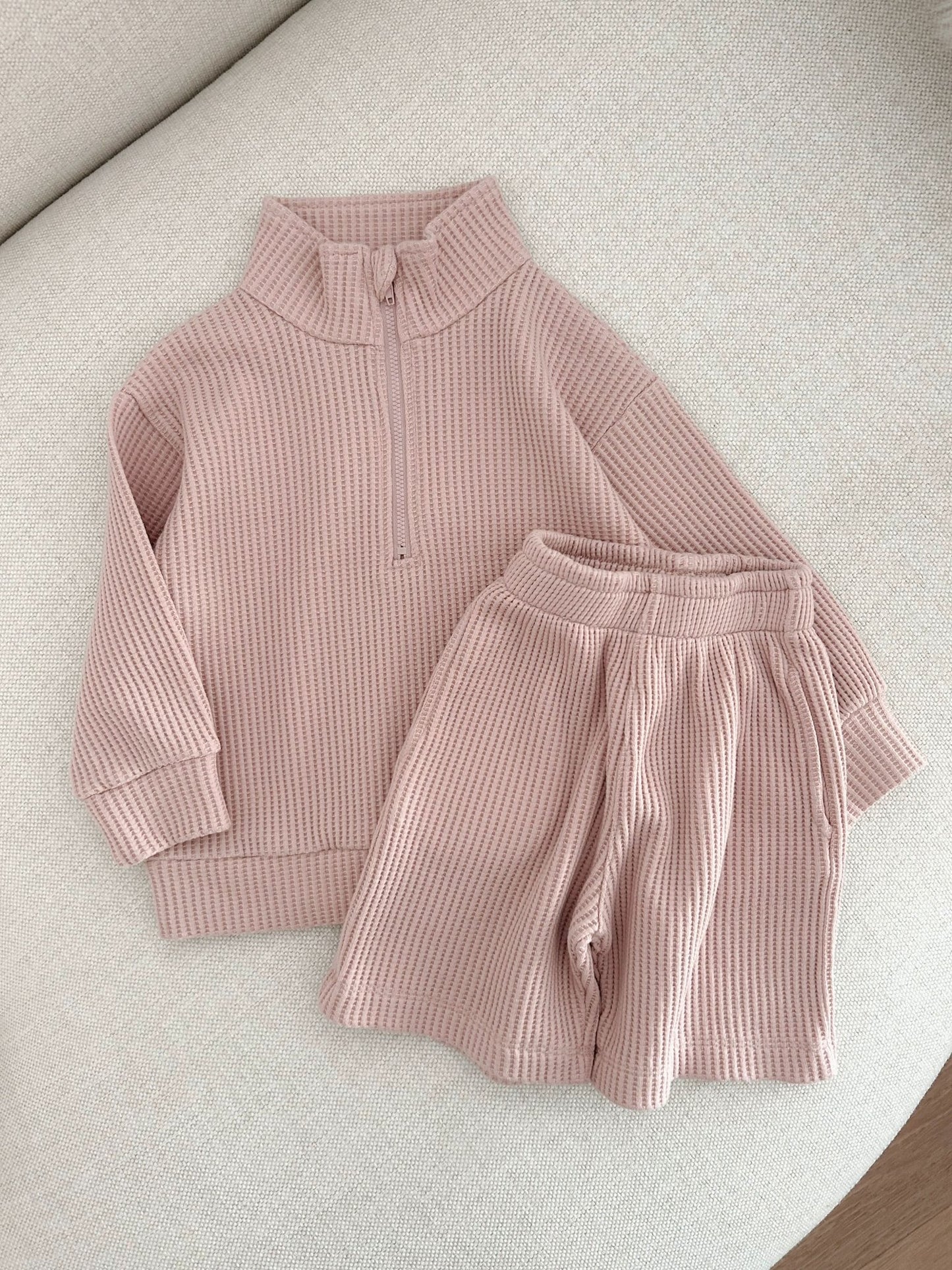 [At Noon Original Design] Kids Half - Zip Waffle Top and Shorts Set (6m - 7y) - 3 Colors kids outfit