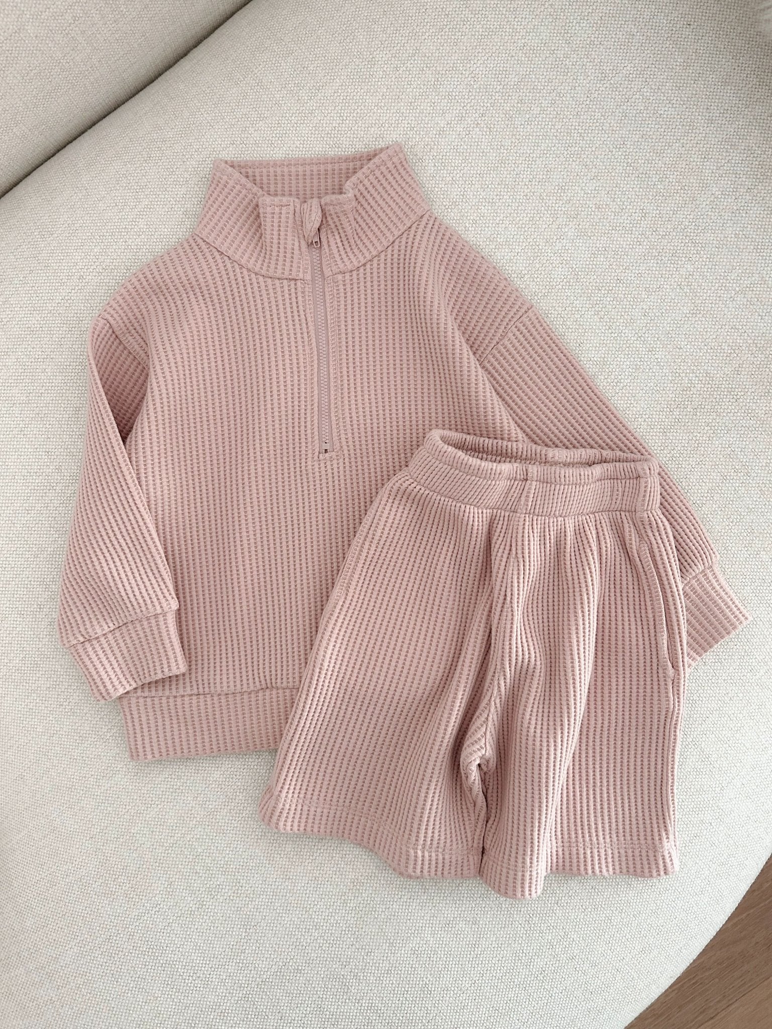 [At Noon Original Design] Kids Half - Zip Waffle Top and Shorts Set (6m - 7y) - 3 Colors kids outfit