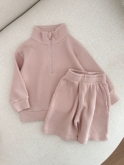 [At Noon Original Design] Kids Half - Zip Waffle Top and Shorts Set (6m - 7y) - 3 Colors kids outfit
