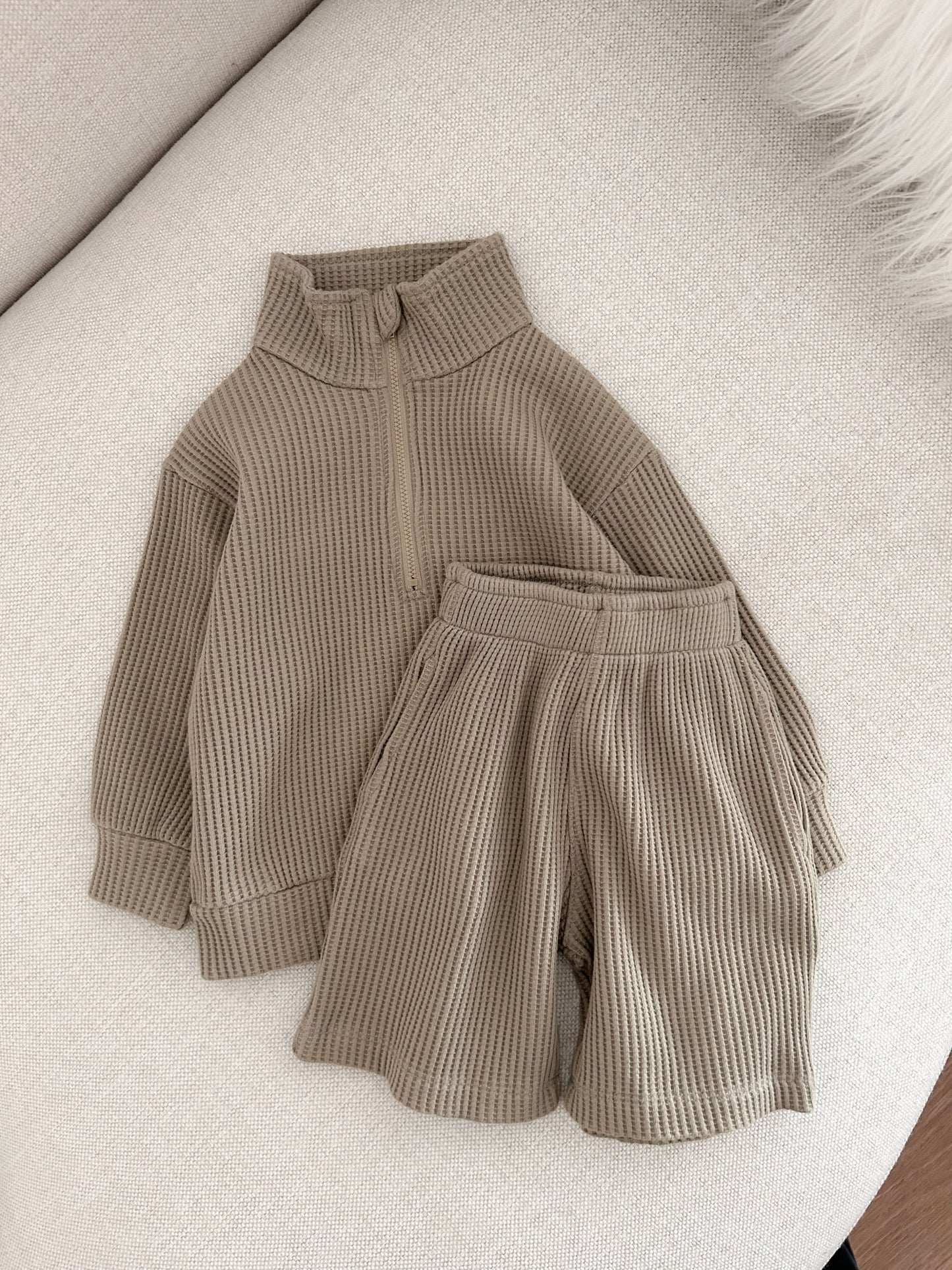 [At Noon Original Design] Kids Half - Zip Waffle Top and Shorts Set (6m - 7y) - 3 Colors kids outfit