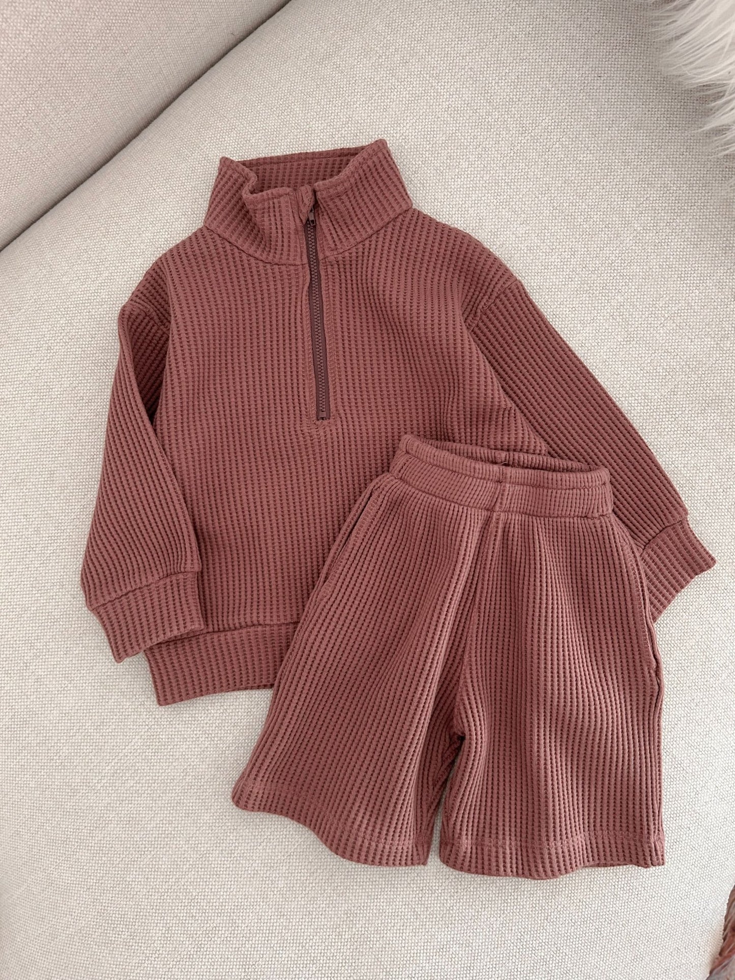 [At Noon Original Design] Kids Half - Zip Waffle Top and Shorts Set (6m - 7y) - 3 Colors kids outfit
