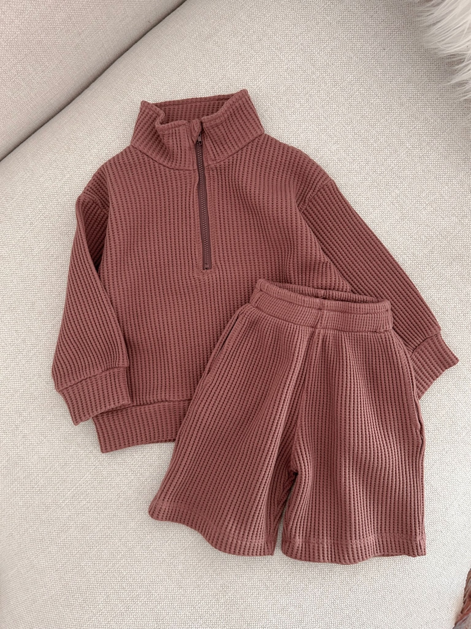 [At Noon Original Design] Kids Half - Zip Waffle Top and Shorts Set (6m - 7y) - 3 Colors kids outfit