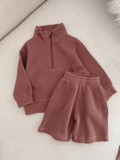 [At Noon Original Design] Kids Half - Zip Waffle Top and Shorts Set (6m - 7y) - 3 Colors kids outfit