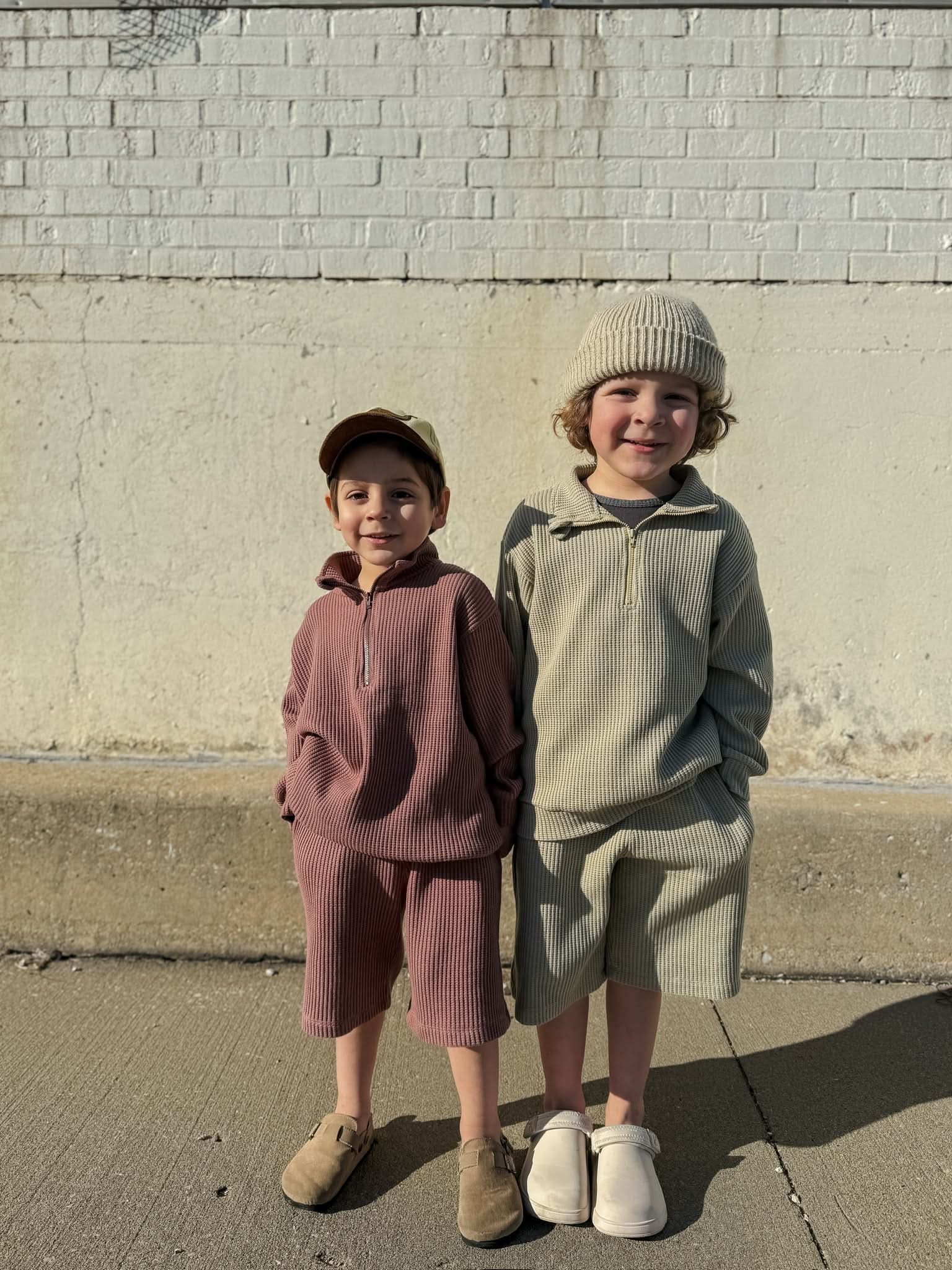 [At Noon Original Design] Kids Half - Zip Waffle Top and Shorts Set (6m - 7y) - 3 Colors kids outfit