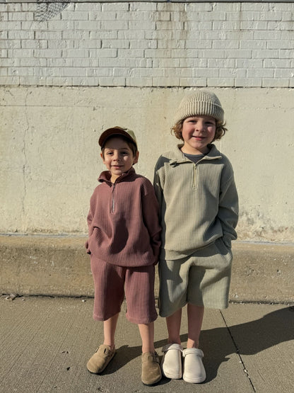 [At Noon Original Design] Kids Half - Zip Waffle Top and Shorts Set (6m - 7y) - 3 Colors kids outfit