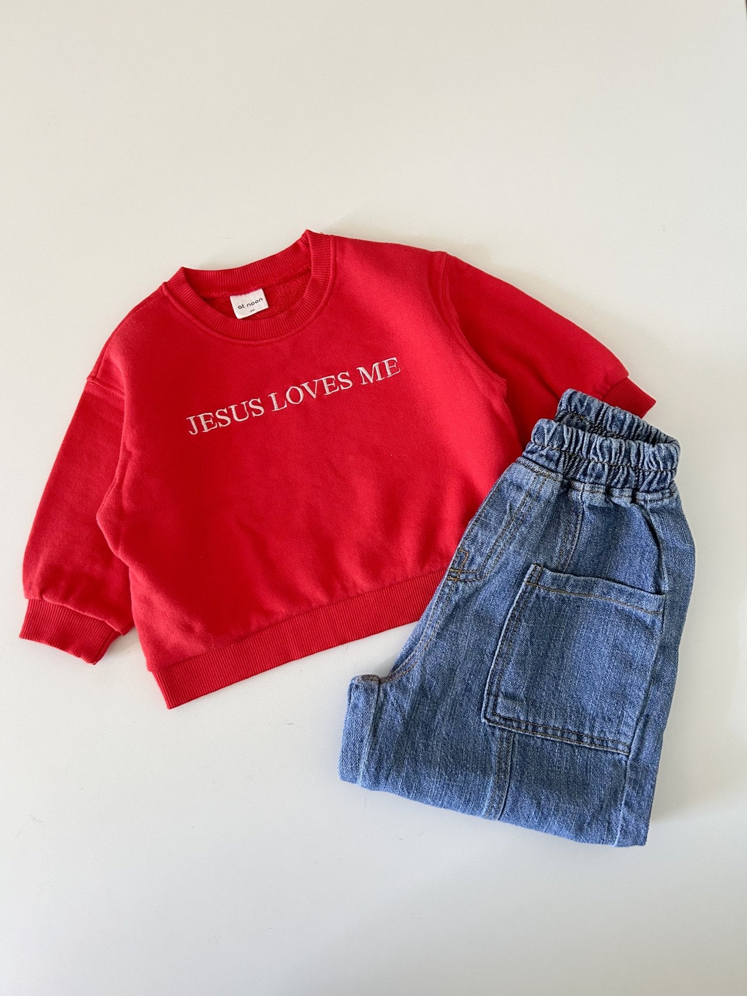 [At Noon Original Design] Kids JESUS LOVES ME Sweatshirt (6m - 7y) - Red kids outfit