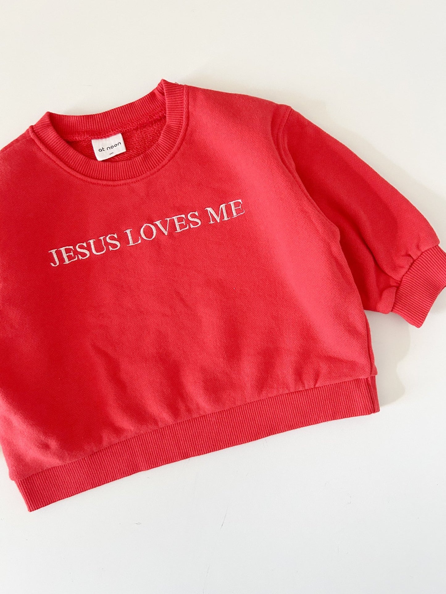 [At Noon Original Design] Kids JESUS LOVES ME Sweatshirt (6m - 7y) - Red kids outfit