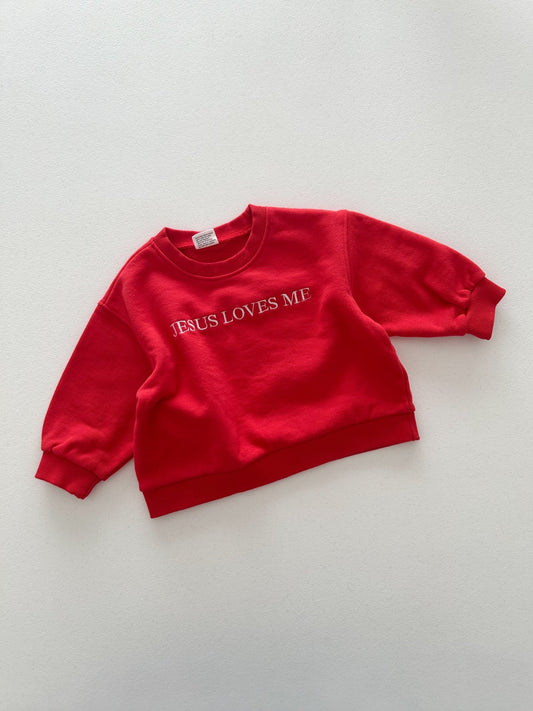 [At Noon Original Design] Kids JESUS LOVES ME Sweatshirt (6m - 7y) - Red kids outfit