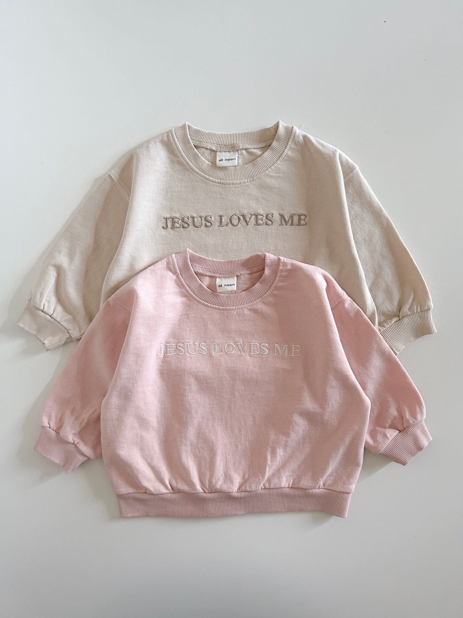 [At Noon Original Design] Kids JESUS LOVES ME Sweatshirt (6m - 9y) - Beige kids outfit