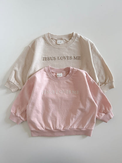 [At Noon Original Design] Kids JESUS LOVES ME Sweatshirt (6m - 9y) - Beige kids outfit