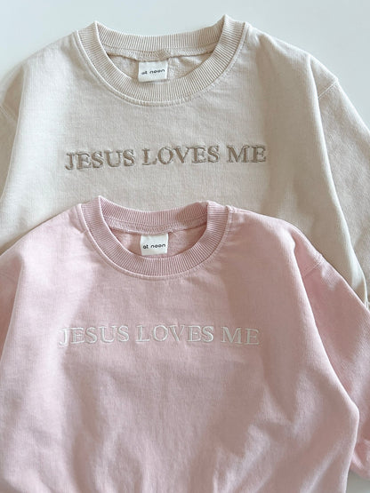 [At Noon Original Design] Kids JESUS LOVES ME Sweatshirt (6m - 9y) - Beige kids outfit