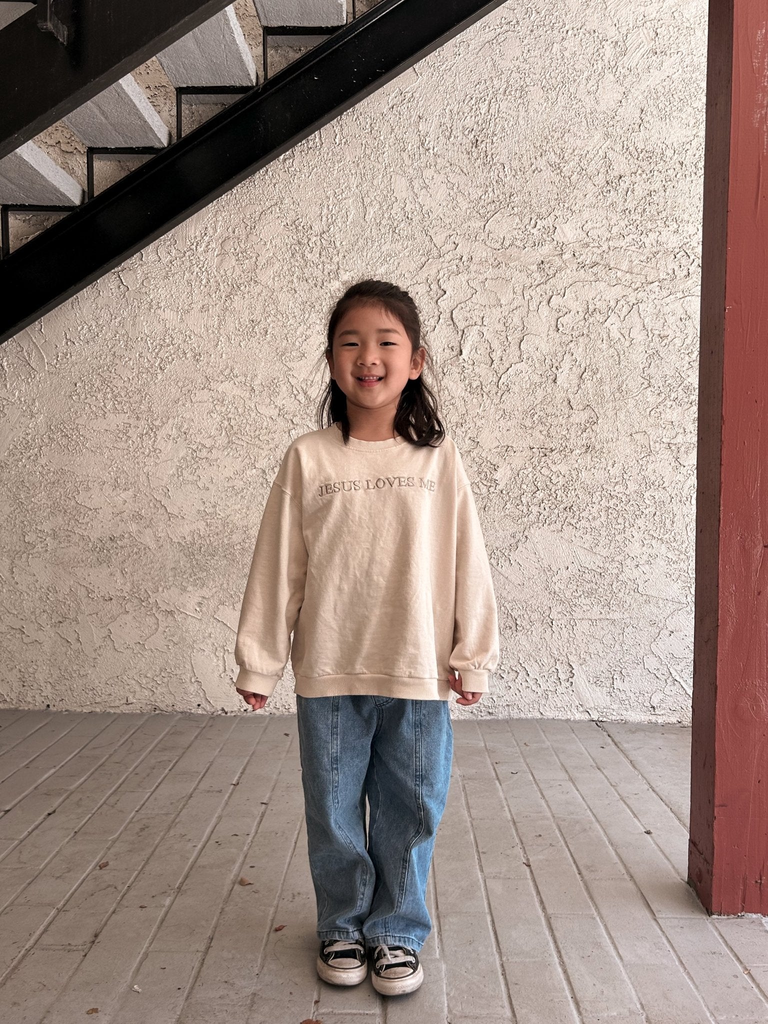 [At Noon Original Design] Kids JESUS LOVES ME Sweatshirt (6m - 9y) - Beige kids outfit